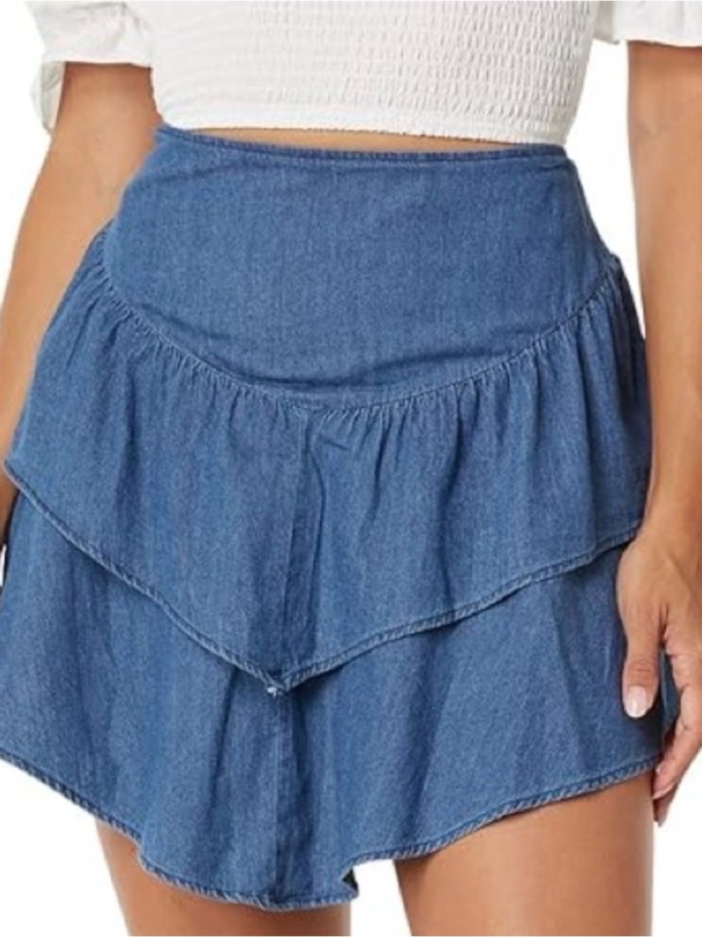 BCBGeneration Chambray Layered Ruffle Mini Skirt | Blue | Size Large
